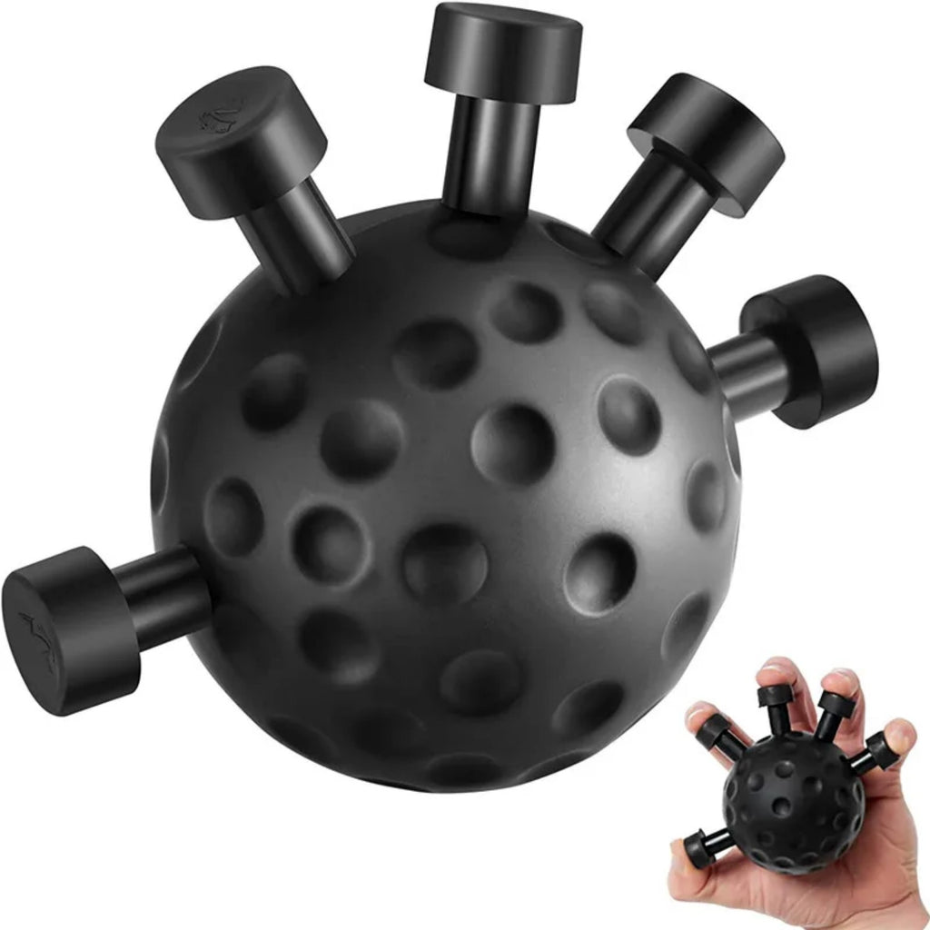 Black five-finger hand exerciser grip ball held in hand