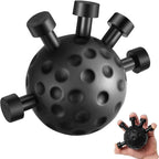 Black five-finger hand exerciser grip ball held in hand