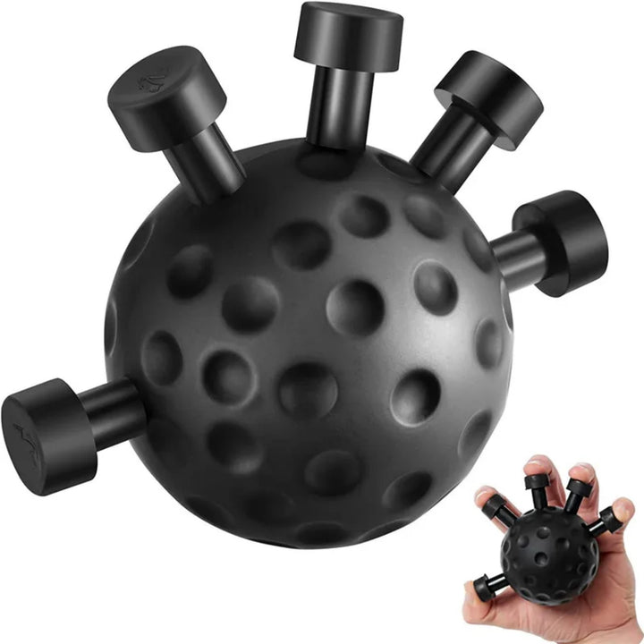 Black five-finger hand exerciser grip ball held in hand
