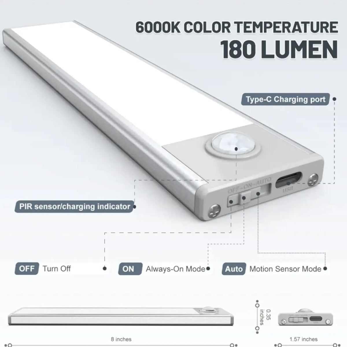 6000K 180 lumen Type-C rechargeable LED cabinet light