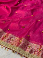 Ghungroo Tissue Silk Saree – Rich Floral Jacquard Border with Golden Ghungroo Detailing