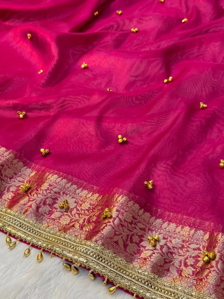 Ghungroo Tissue Silk Saree – Rich Floral Jacquard Border with Golden Ghungroo Detailing