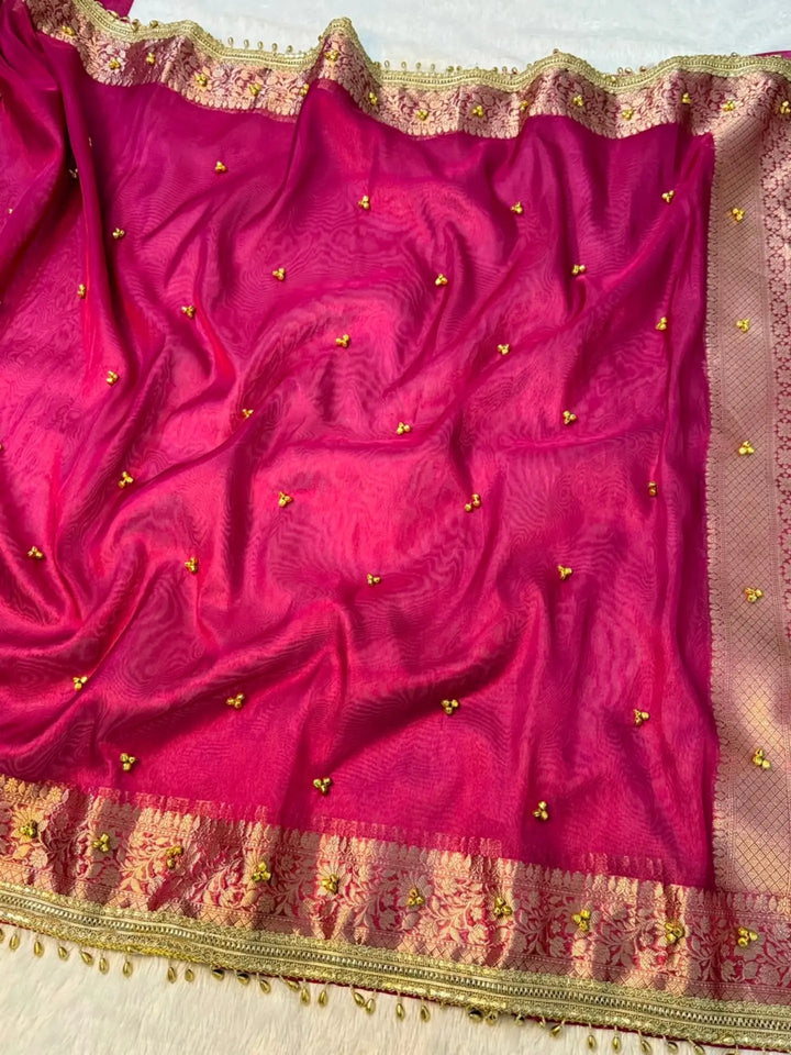 Ghungroo Tissue Silk Saree – Rich Floral Jacquard Border with Golden Ghungroo Detailing