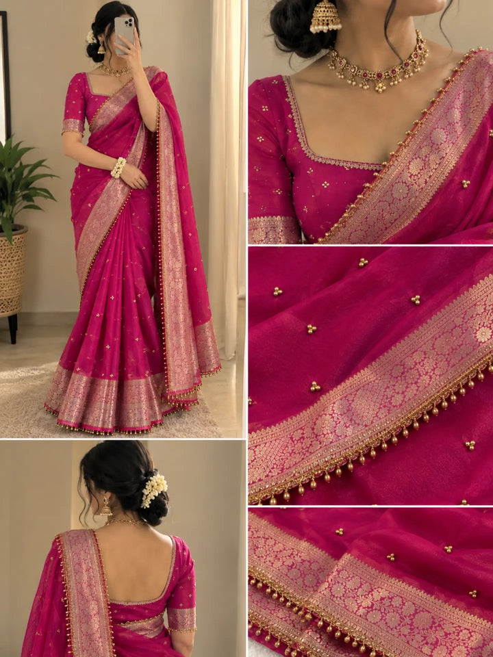 Ghungroo Tissue Silk Saree – Rich Floral Jacquard Border with Golden Ghungroo Detailing