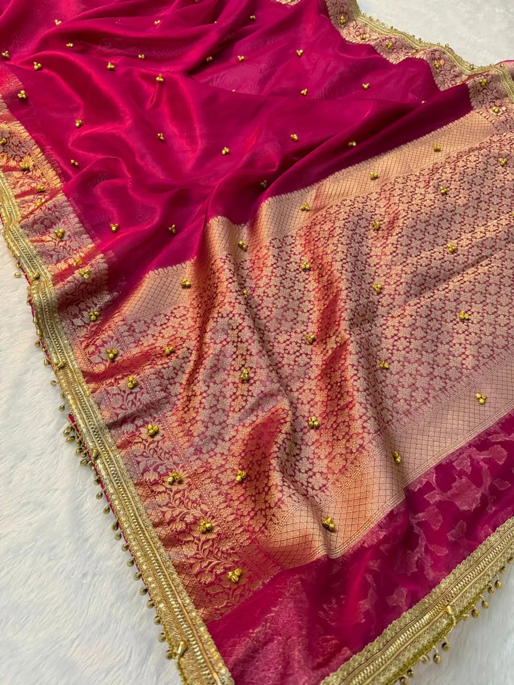 Ghungroo Tissue Silk Saree – Rich Floral Jacquard Border with Golden Ghungroo Detailing