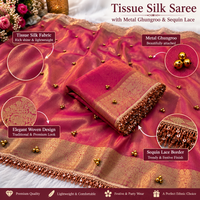 👑 Premium Maroon Tissue Silk Banarasi Saree with Metal Ghungroo & Sequin Lace Border ✨