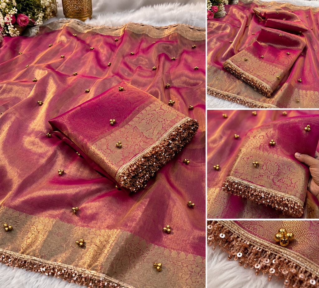 👑 Premium Maroon Tissue Silk Banarasi Saree with Metal Ghungroo & Sequin Lace Border ✨