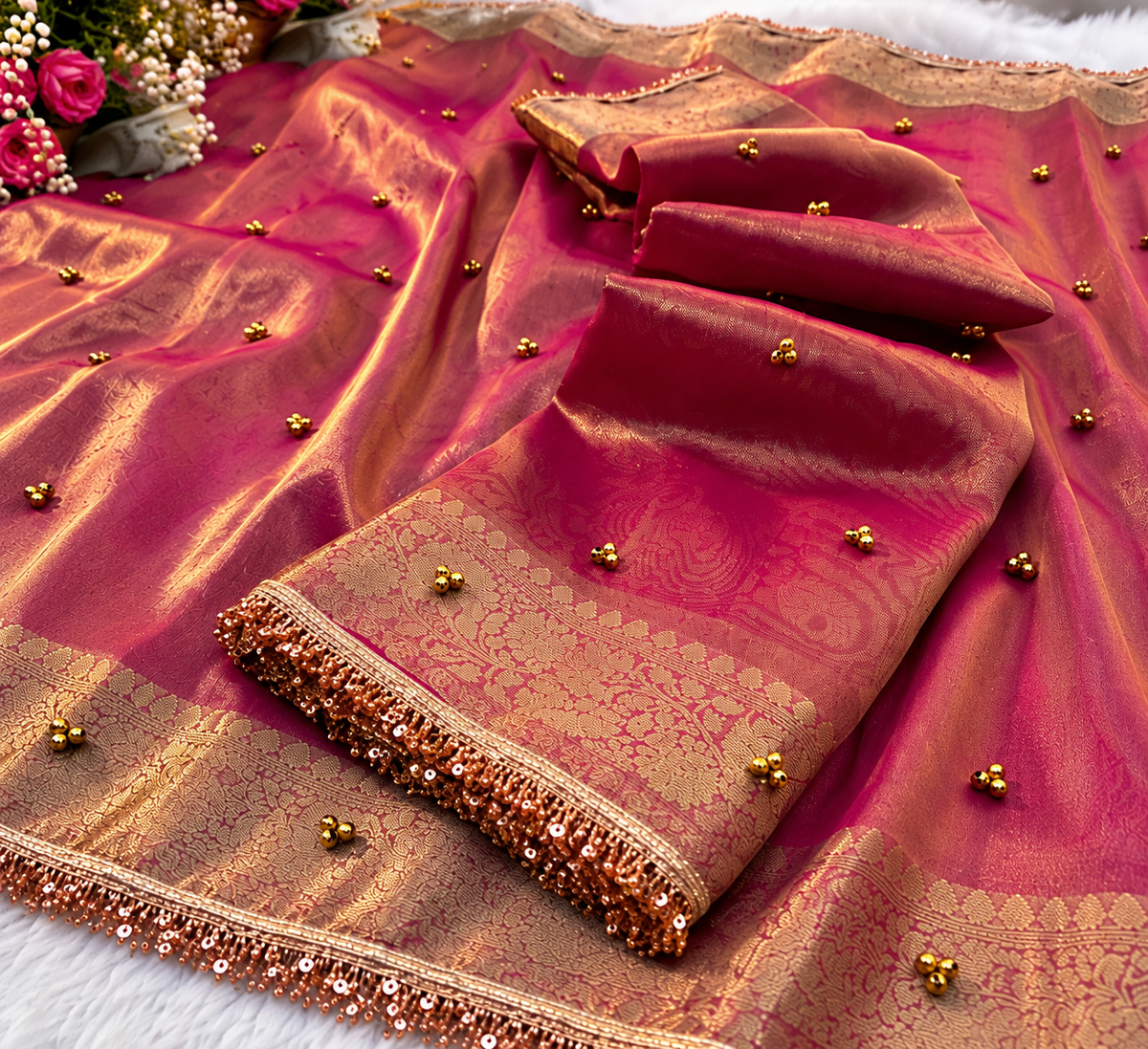 👑 Premium Maroon Tissue Silk Banarasi Saree with Metal Ghungroo & Sequin Lace Border ✨