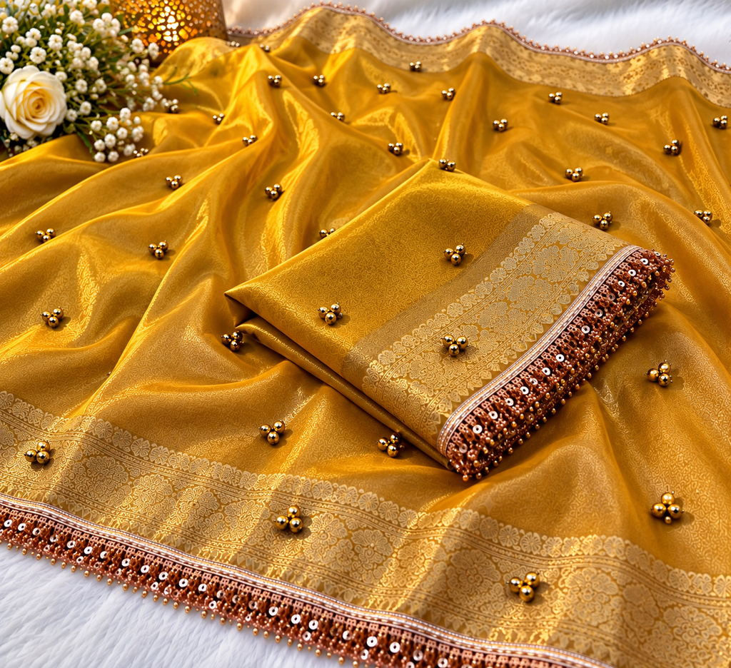 ✨ Premium Mustard Tissue Silk Banarasi Saree with Metal Ghungroo & Sequin Lace Border