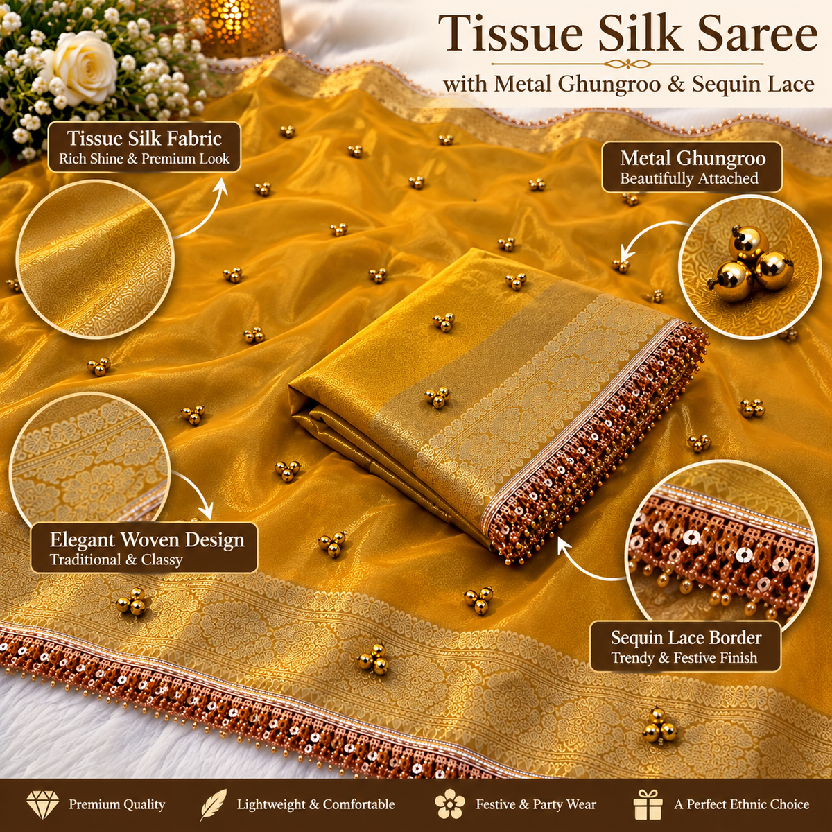 ✨ Premium Mustard Tissue Silk Banarasi Saree with Metal Ghungroo & Sequin Lace Border