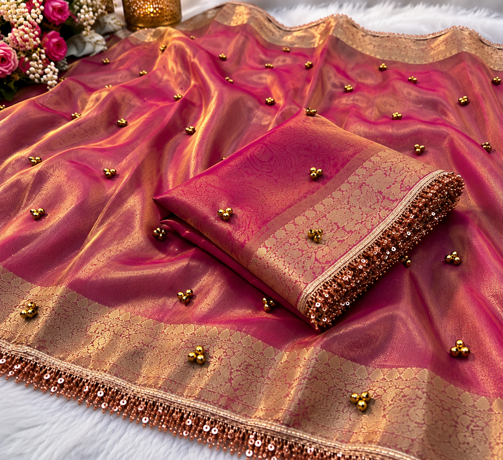 👑 Premium Maroon Tissue Silk Banarasi Saree with Metal Ghungroo & Sequin Lace Border ✨