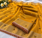 ✨ Premium Mustard Tissue Silk Banarasi Saree with Metal Ghungroo & Sequin Lace Border
